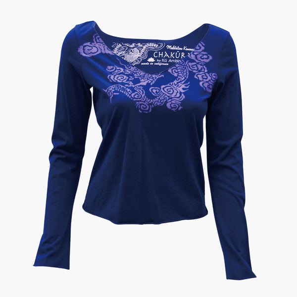 Ladies Long Sleeve V Neck Top with Watercolor Dragon - Ku Brands