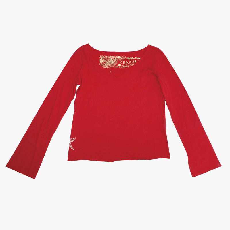 Ladies Long Sleeve V Neck Top with Small Bird Flying Up - Ku Brands