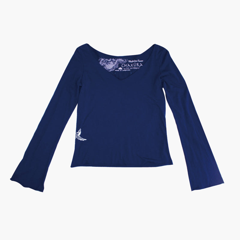Ladies Long Sleeve V Neck Top with Small Bird Flying Up - Ku Brands