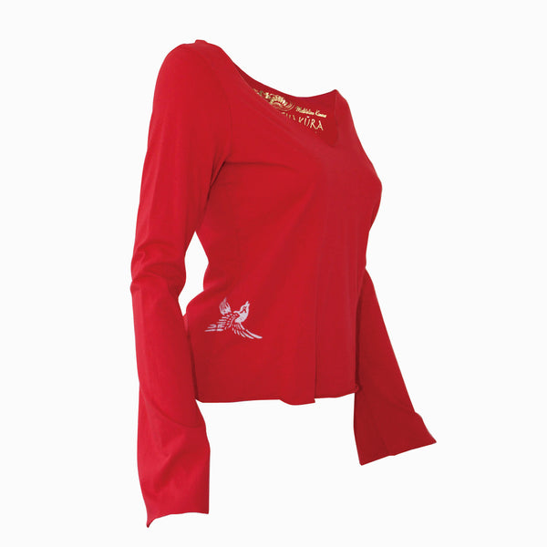 Ladies Long Sleeve V Neck Top with Small Bird Flying Up - Ku Brands