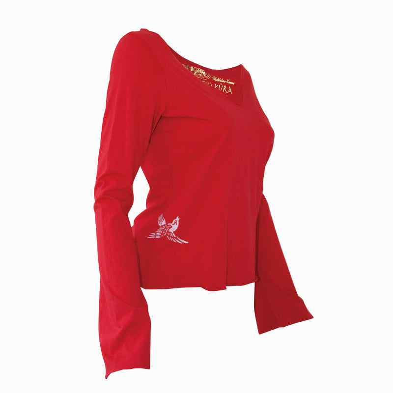 Ladies Long Sleeve V Neck Top with Small Bird Flying Up - Ku Brands